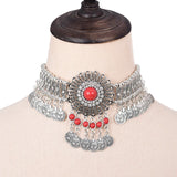 Ethnic Statement Collar Necklace for Women Choker Bohemian Vintage Hollow Geometric Crystal Rhinestone Beads Coin Tassel Jewelry