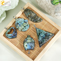 CSJA Natural Stone Labradorite Heart Pendant for Making Necklace Animal Owl Fox Carving Pendants Jewelry Gift Men H480