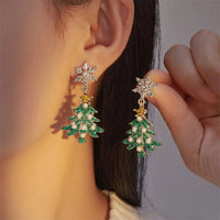 Fashion Christmas Tree Zircon Crystal Star Silver Color Earrings Stud Dangle Xmas Jewelry Women Party Gift