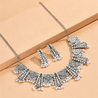 Ethnic Vintage Jewelry Set For Women Crystal Inlaid Jewelry Sets Simulated Pearl Tassel Beads Necklace Earrings Set Women's Gift