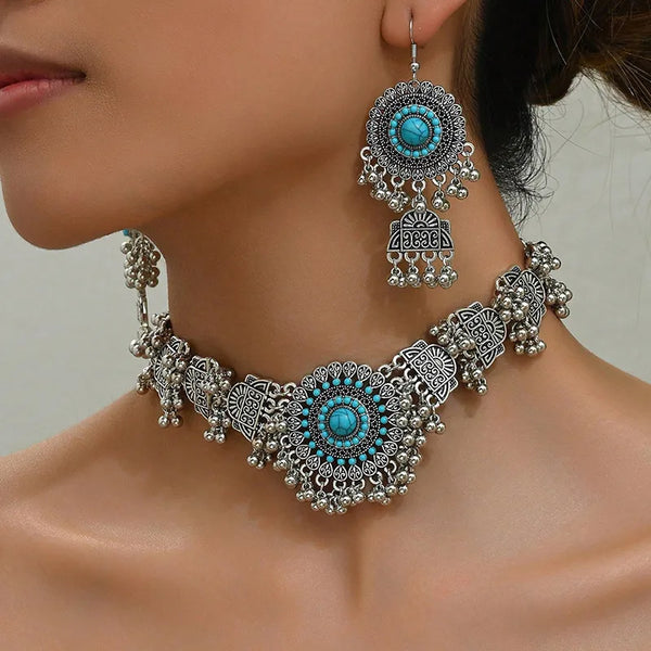 New Vintage Jewelry Sets Metal Beads Tassel Choker Necklace Earrings Set For Women Bijoux Statement Collar Necklaces Set