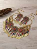 KMVEXO Gypsy Bohemia Chic Vintage Metal Coin Crystal Tassel Jewelry Sets Women Hippie Turkish Ethnic Tribal Necklace Earring Set