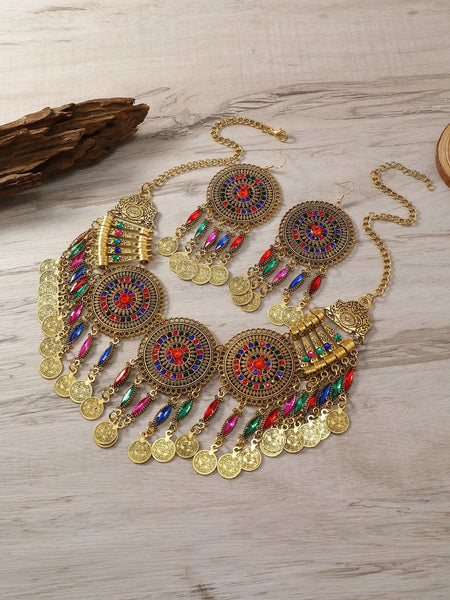 KMVEXO Gypsy Bohemia Chic Vintage Metal Coin Crystal Tassel Jewelry Sets Women Hippie Turkish Ethnic Tribal Necklace Earring Set