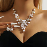 3pcs women's jewelry set, alloy water droplet shaped flower pearl necklace earrings, bride's wedding accessories