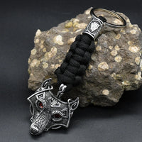 Nordic Mythology Wolf Head Keychain Men's Retro Handmade Survival Rope Lanyard Pendant Keyring Vikings Runes Vegvisir Jewelry