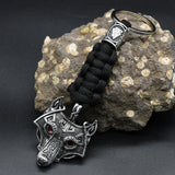 Nordic Mythology Wolf Head Keychain Men's Retro Handmade Survival Rope Lanyard Pendant Keyring Vikings Runes Vegvisir Jewelry