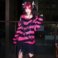 2024 Purple Striped Gothic Sweaters Women Ripped Holes Loose Knitted Pullover Frayed Fairy Grunge Jumpers Emo Streetwear Lolita