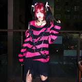 2024 Purple Striped Gothic Sweaters Women Ripped Holes Loose Knitted Pullover Frayed Fairy Grunge Jumpers Emo Streetwear Lolita