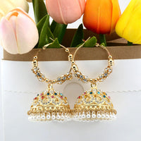 1 Pair Indian Bollywood Jhumka Earrings, Colorful Rhinestone Hollow Pearl Pendant Tassel, Women's Daily Wear Banquet Party Gift