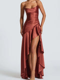 New in Summer Elegant Spaghetti Strap Satin Split Maxi Dress Women Sexy Backless Bodycon Party Evening Dress Summer Hol