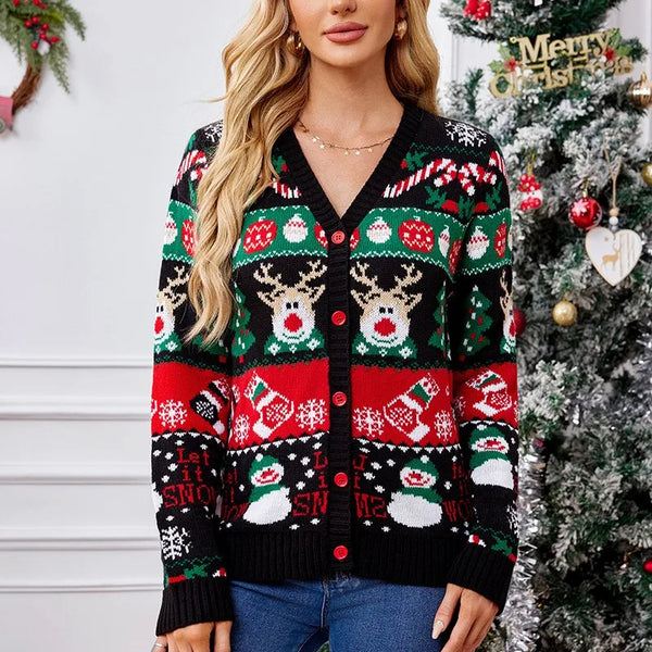 Fashionable knitted V-neck Christmas pattern single breasted long sleeved cardigan for autumn and winter women's casual sweater