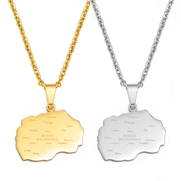 Anniyo North Macedonia Map With Cities Name Pendant Necklaces Stainless Steel Macedonians Jewelry #504362