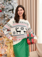 Women Christmas Knit Sweater Letter Deer Snowflake Print Long Sleeve Round Neck Pullovers Fall Winter Casual Jumpers Tops