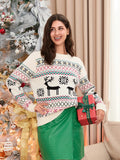 Women Christmas Knit Sweater Letter Deer Snowflake Print Long Sleeve Round Neck Pullovers Fall Winter Casual Jumpers Tops