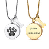 Personalized Round Paw Print Urn Necklace for Ashes Custom  Stainless Steel Cremation Jewelry with Dog Bone Memorial Pendant