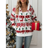 Lined Hooded Jacket  Christmas Print Plush Festive Reindeer Snowflake Stretchy Polyester Blend Winter Coat Holiday Parties
