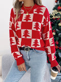 VigoCasey 2025 Autumn Winter Lady Christmas Knitted Sweater Women O Neck Plaid Print Pullover Lantern Long Sleeve Loose Jumper