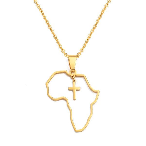 Anniyo African Map With Cross Pendant Necklaces Stainless Steel Jewelry for Women Girls Ghana Nigeria Congo Zimbabwe @368821