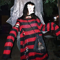 2024 Purple Striped Gothic Sweaters Women Ripped Holes Loose Knitted Pullover Frayed Fairy Grunge Jumpers Emo Streetwear Lolita