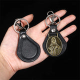PU Leather Keychain Saint Christopher Charm Pendant Men Antique Bronze Plated Hook Keychain Car Keychain
