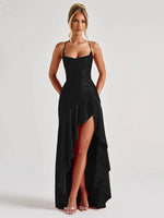 VC Elegant Black Satin Maxi Dress with Crisscross Spaghetti Straps and High Slit Ruffled Hem for High - Profile Occasions