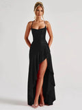 VC Elegant Black Satin Maxi Dress with Crisscross Spaghetti Straps and High Slit Ruffled Hem for High - Profile Occasions