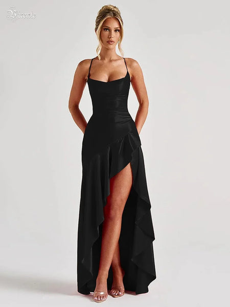 VC Elegant Black Satin Maxi Dress with Crisscross Spaghetti Straps and High Slit Ruffled Hem for High - Profile Occasions