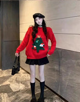 Autumn Winter Women Red Sweet Chic 3D Christmas Tree Knitted Sweater Casual O Neck Long Sleeve Pullover Tops Female Loose Jumper