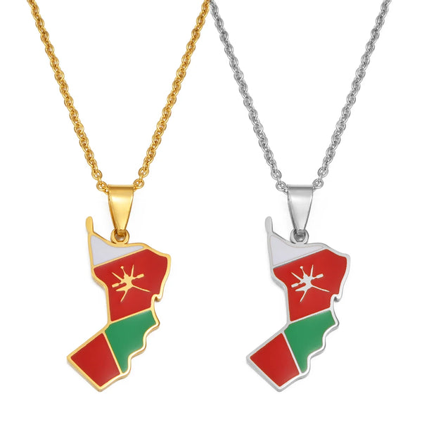 Anniyo Oman Map Flag Pendant Necklaces Stainless Steel National Jewelry For Woman Girls #503962