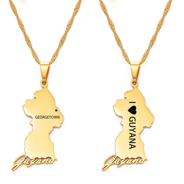 Anniyo I LOVE Guyana Map Pendant Necklace Women Girls,The Capital Georgetown Jewelry Republic of Guyana #159521