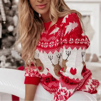 Women Xmas Look 2025 Winter Full Sleeve Christmas Sweaters Casual Soft O Neck Jumpers Allover Print Knitwear Pullover Top Femme