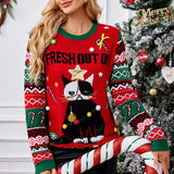 Winter 2025 Women's Christmas Knit Jumpers Long Sleeve O Neck Warm Thick Sweater Cartoon Print Soft Cute Pullover Xmas Look Top