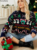 Fairyshely 2025 Winter Christmas Loose Knitted Sweater Women Casual Print Pullover Autumn Lady Casual O Neck Long Sleeve Jumper