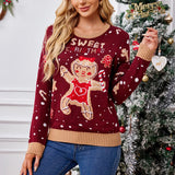 2025Casual Christmas Sweater Women Autumn Winter Gingerbread Man Pattern Long Sleeve Pullover Sweater