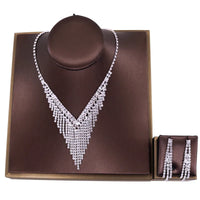 Luxury Crystal Tassel Bride Jewelry Set Rhinestone V Shape Silver-plated Wedding Dress Banquet Necklace Earring Set Ladies Gift