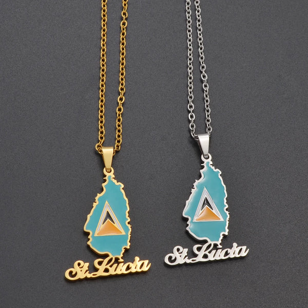 Anniyo Saint Lucia Map Flag Pendant Necklace for Women Girl Jewelry St. Lucia Chains Jewellery @126521