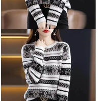 Autumn Winter Women Simple Elk Deer Jacquard Christmas Knitted Sweater Y2K Casual O Neck Long Sleeve Pullover Tops Loose Jumpers