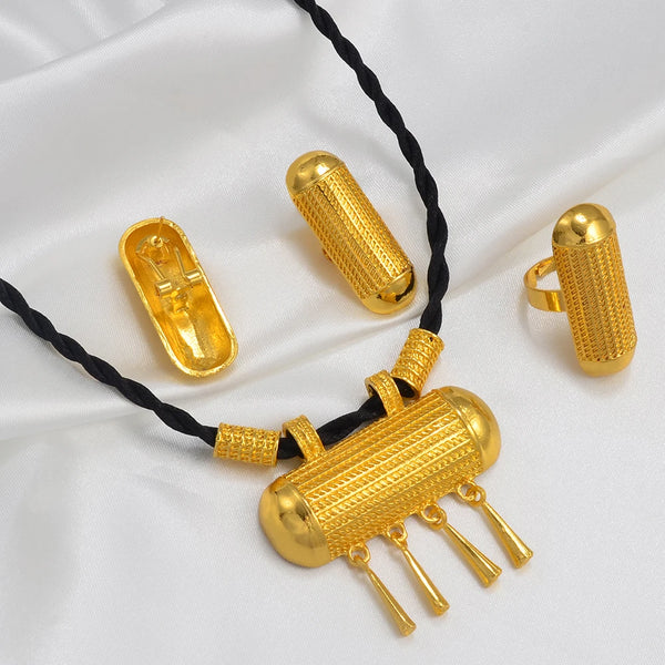 Anniyo Ethiopian Jewelry sets for Women Black Rope Necklaces Earrings Ring Gold Color Eritrean African Party Jewelry #161516