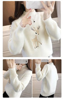 2023 Christmas Sweater Women Faux Mink Cashmere Half High Collar Pullover Fleece Winter Clothes Embroidery Deer Warm Jumper