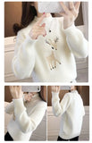 2023 Christmas Sweater Women Faux Mink Cashmere Half High Collar Pullover Fleece Winter Clothes Embroidery Deer Warm Jumper