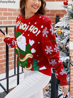 Fairyshely 2025 Autumn Winter O Neck Knitted Sweater Women Casual Christmas Patchwork Pullover Ladies Long Sleeve Loose Jumper