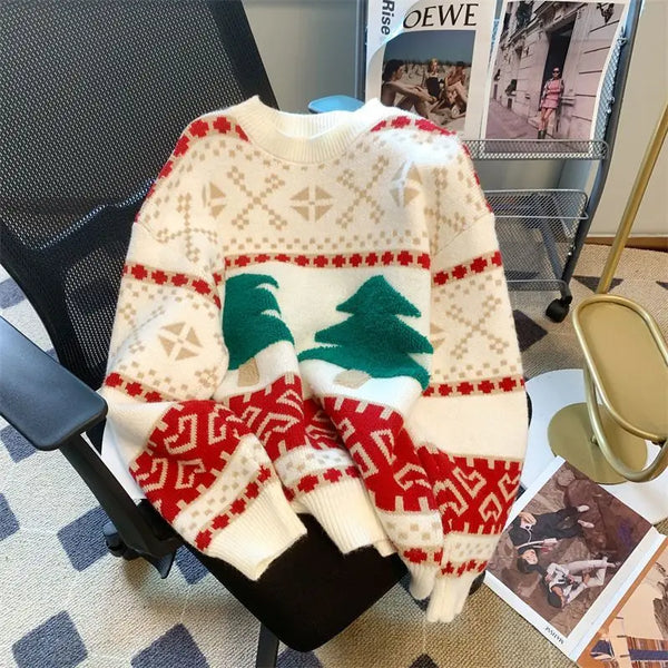 New Autumn and Winter Christmas Red Sweater Loose Lazy Style Thickened Knitted Bottoming Shirt Top