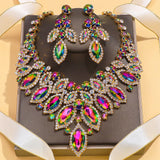 Exaggerated Leaf Necklace Earrings Sets Bridal for Women Gift Colorful Rhinestone African Jewelry Set Nigerian Wedding Costume