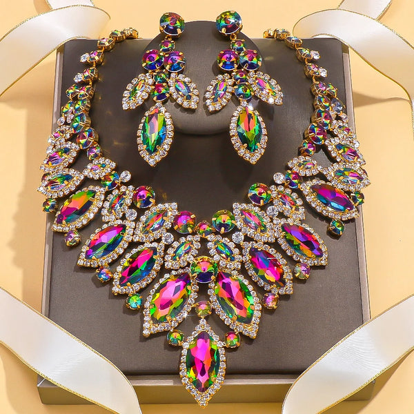 Exaggerated Leaf Necklace Earrings Sets Bridal for Women Gift Colorful Rhinestone African Jewelry Set Nigerian Wedding Costume