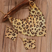 3PCS Women Leopard Necklace + Earring Set Fashion Sexy Bright Beads Triangle Scarf Collarbone Chain Earrings Jewelry Set