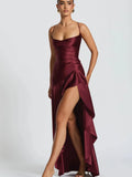 Articat Elegant Spaghetti Strap Satin Split Maxi Dress Women Sexy Backless Bodycon Party Evening Dress Summer Holiday Beachwear