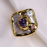 GG Freshwater Cultured White Square Pearl Purple Amethyst Druzy Ring Adjustable