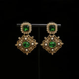 French vintage multi-layer pearl necklace set with diamonds delicate and elegant green silver stud earrings