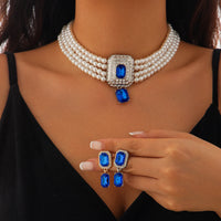 SHIXIN 2Pcs Luxury Multilayer Imitation Pearl Choker Necklace Earrings Bridal Green Rhinestone Neck Chain Wedding Jewelry Set