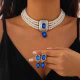 SHIXIN 2Pcs Luxury Multilayer Imitation Pearl Choker Necklace Earrings Bridal Green Rhinestone Neck Chain Wedding Jewelry Set